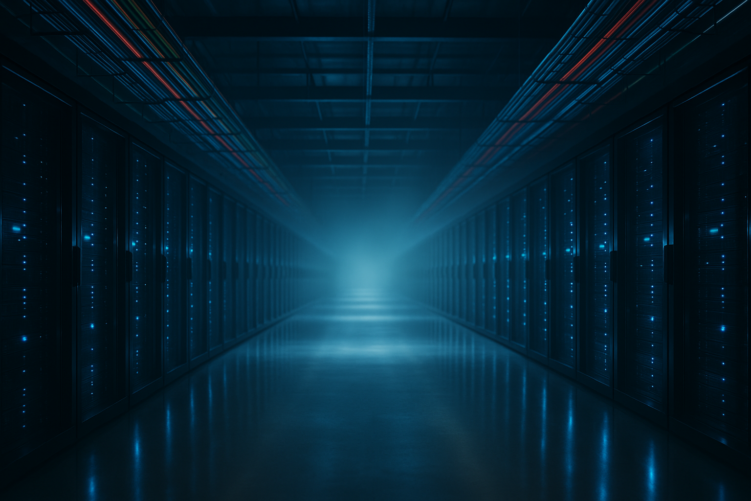 Modern hyperscale data center interior with illuminated high-density server racks